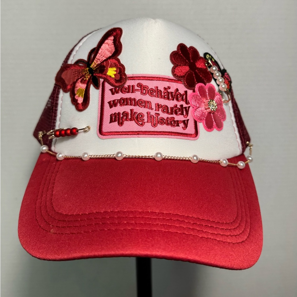 Red and White Embroidered Cap with Floral and Butterfly Accents